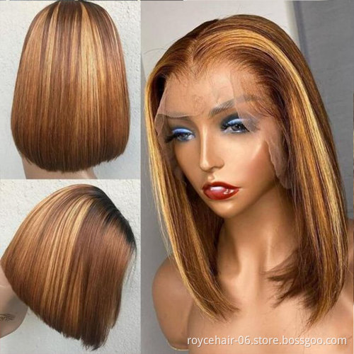 Wholesale P4/27 Ombre Straight Hair Bob Wig, Short Highlight Indian Virgin Human Hair Transparent T Shape Lace Wig For Women